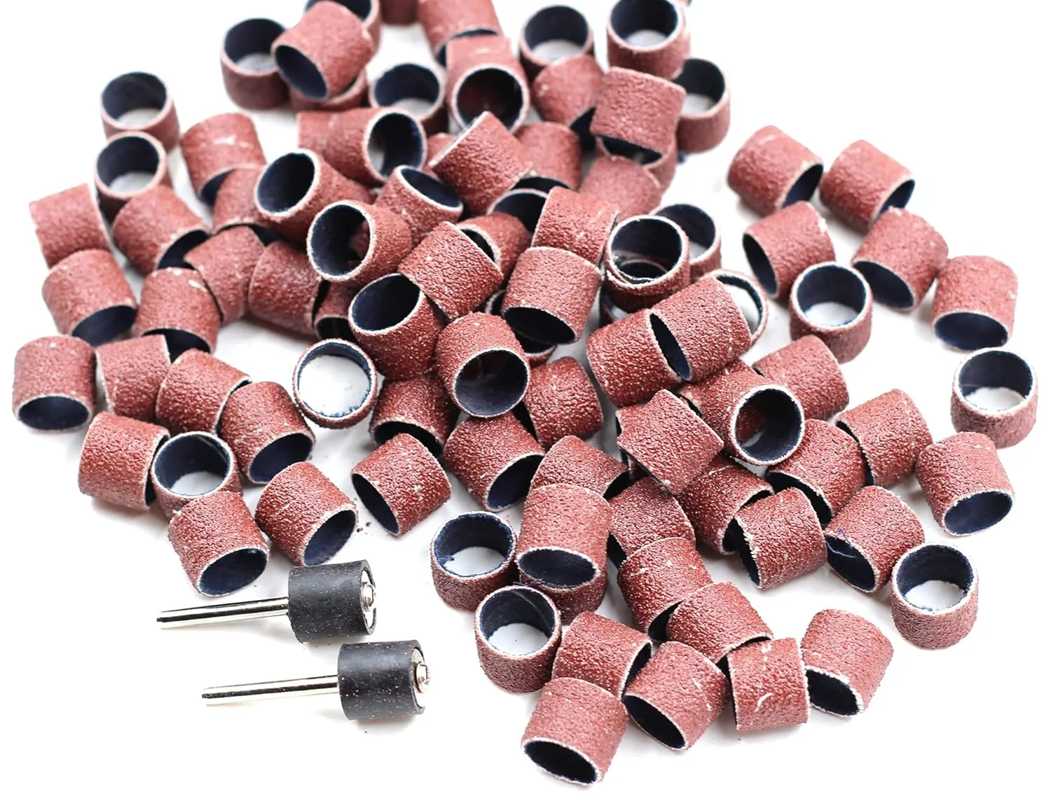100 Pics Dia 1/2" Sanding Drum Sleeves Set Sand Bands with 2 Mandrel for Pet Dog Nail Grinder Heads Rotary Tool Bits Jewelry Light Polishing Abrasive Tools, Grit 80