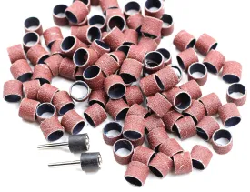 100 Pics Dia 1/2" Sanding Drum Sleeves Set Sand Bands with 2 Mandrel for Pet Dog Nail Grinder Heads Rotary Tool Bits Jewelry Light Polishing Abrasive Tools, Grit 80