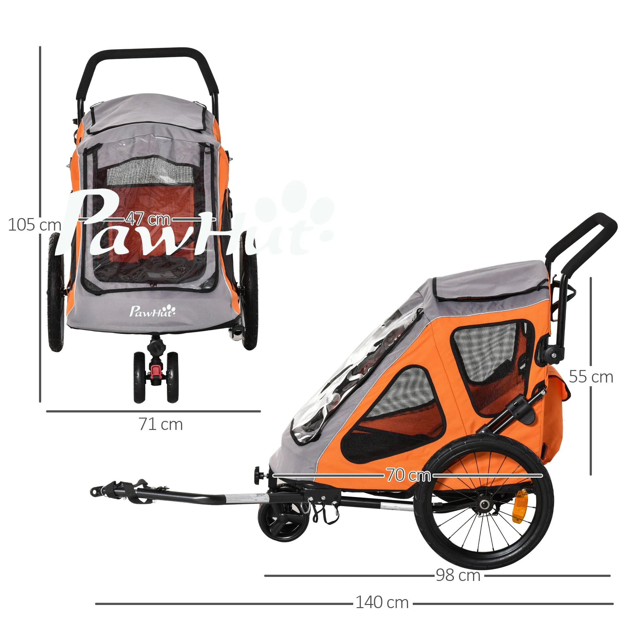2-IN-1 Dog Bike Trailer Pet Carrier Stroller Reflector 140 x 71 x 105cm