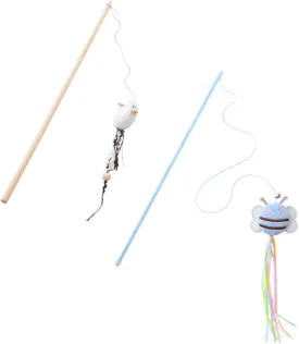 2 PCS Cat Teaser Wands Interactive Cat Toy Wands Cat Ribbon Toy Cat Wand Toy Cat Interactive Toys with Bells and Streamers for Pet Cat(Bee & Mouse)