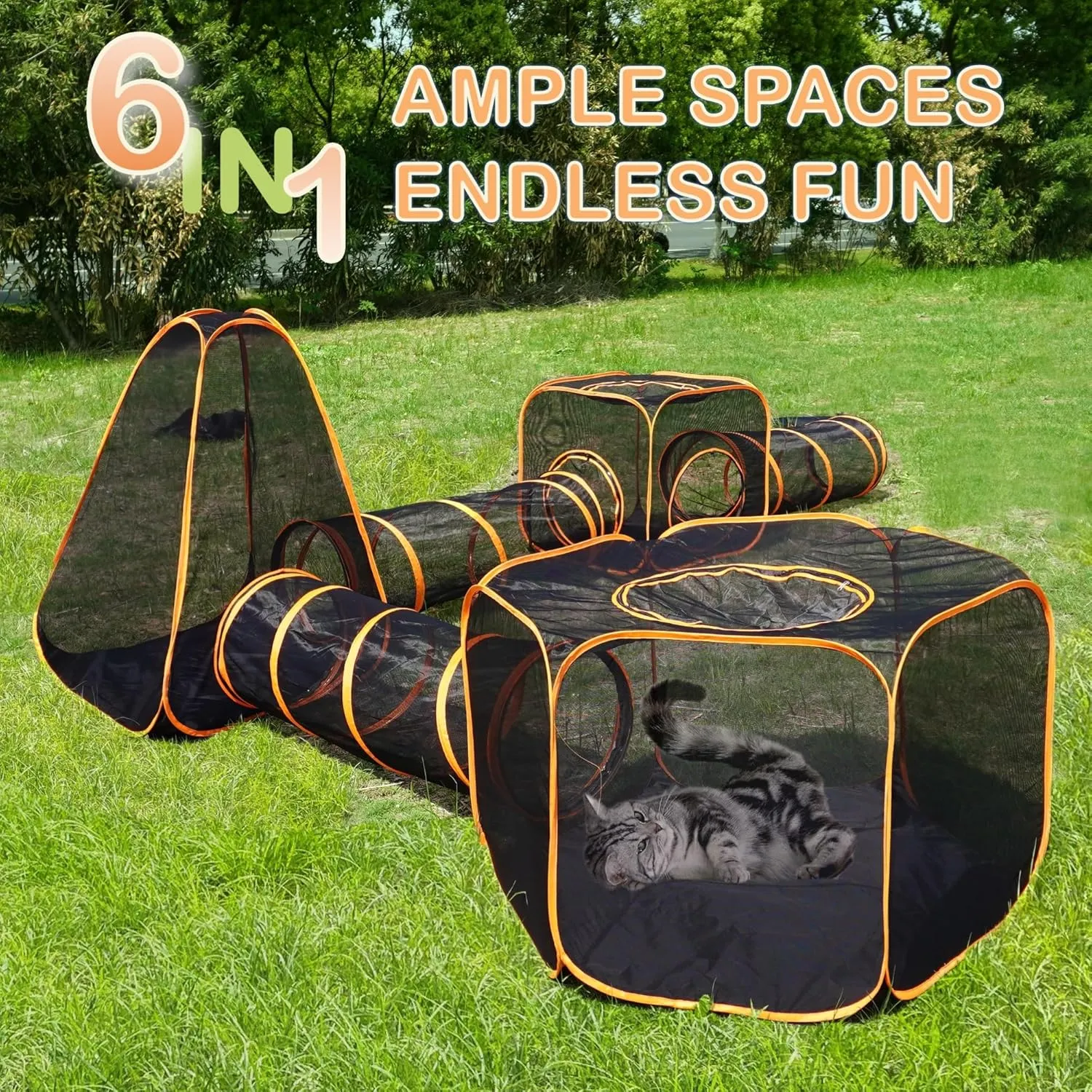 6-in-1 Large Outdoor Indoor Cat Tent Tunnel & Tower Playpen Set, Easy Assembly Pop Up Pet Play Pen, Portable Foldable Soft Enclosure for Kitty Puppy Rabbit Small Animals, Catio Yard Traveling Camping