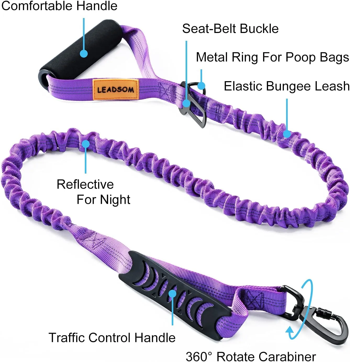 6FT Highly Reflective Heavy Duty Elastic Bungee Medium and Large Dog Leash Shock Absorbing with Comfortable Padded Handle and Traffic Handle Suitable for Training