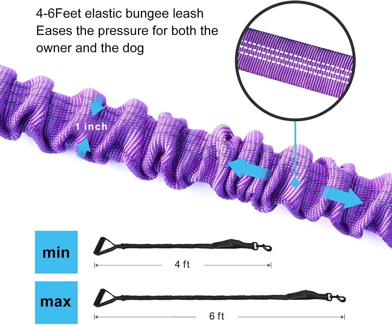 6FT Highly Reflective Heavy Duty Elastic Bungee Medium and Large Dog Leash Shock Absorbing with Comfortable Padded Handle and Traffic Handle Suitable for Training