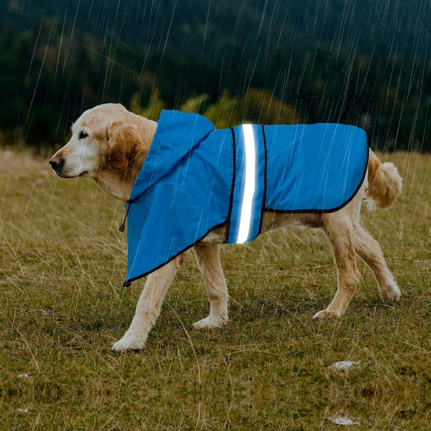 Adjustable Dog Raincoat with Hood - Waterproof Lightweight Slicker Poncho, Safety Dog Rain Jacket with Reflective Strip and Leash Hole for Small, Medium, Large Dogs (Large, Blue)