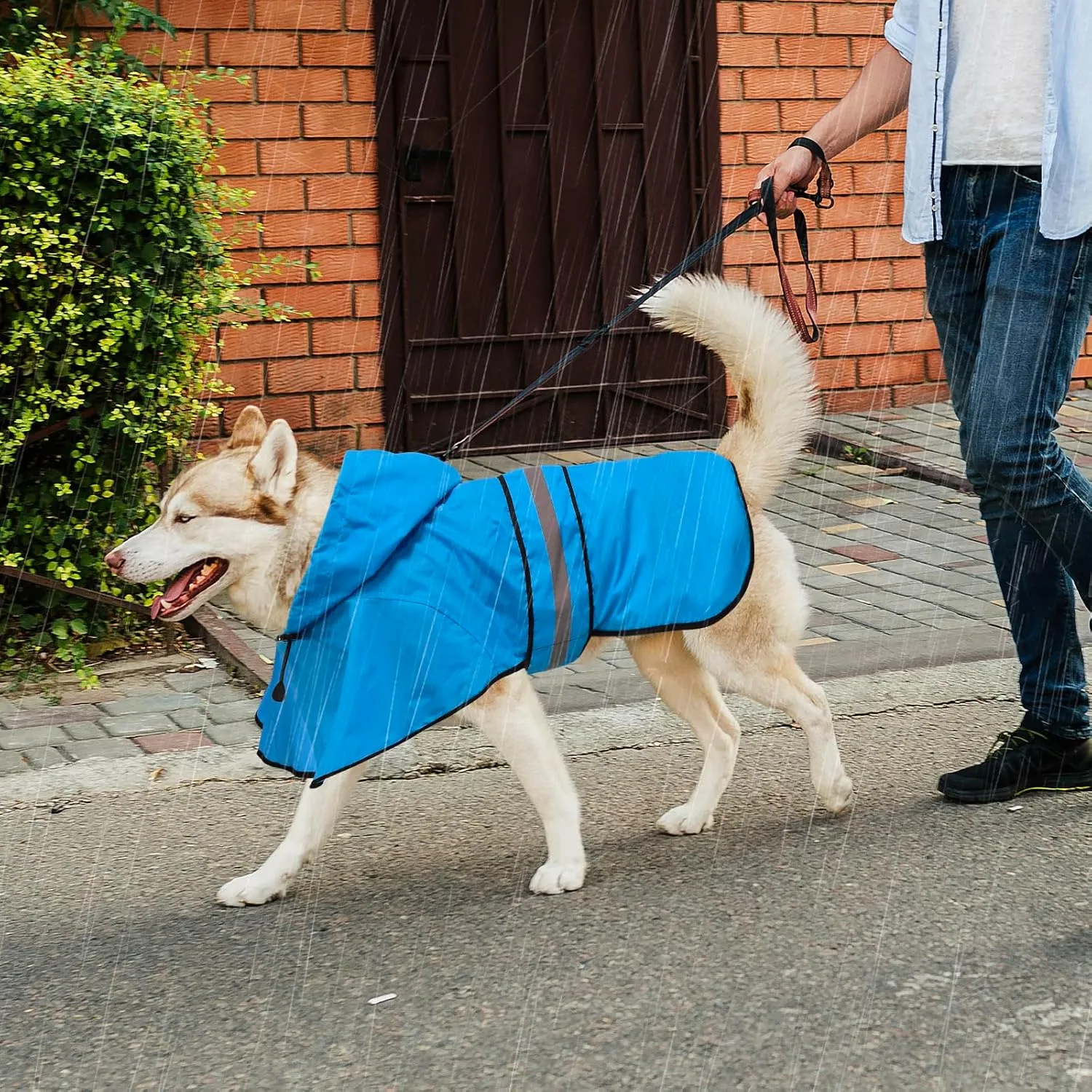 Adjustable Dog Raincoat with Hood - Waterproof Lightweight Slicker Poncho, Safety Dog Rain Jacket with Reflective Strip and Leash Hole for Small, Medium, Large Dogs (Large, Blue)