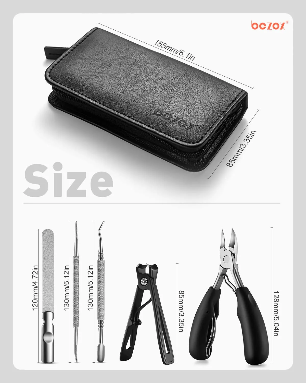 BEZOX Nail Clippers Set for Fingernails and Toenails, 5pcs Manicure Tools, Polished Stainless Steel Nail Scissors Kit for Thick & Ingrown Hard Toenails Black