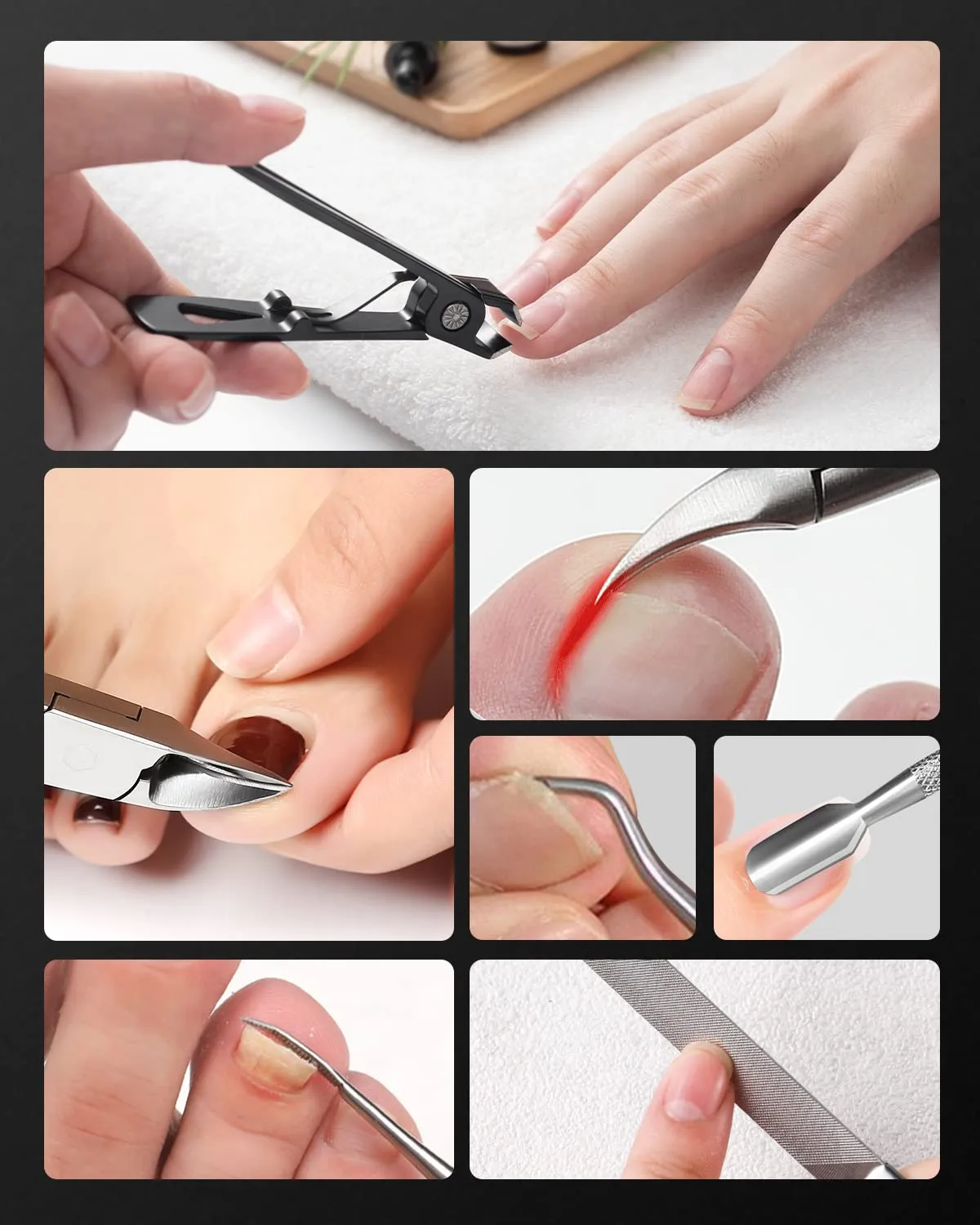 BEZOX Nail Clippers Set for Fingernails and Toenails, 5pcs Manicure Tools, Polished Stainless Steel Nail Scissors Kit for Thick & Ingrown Hard Toenails Black