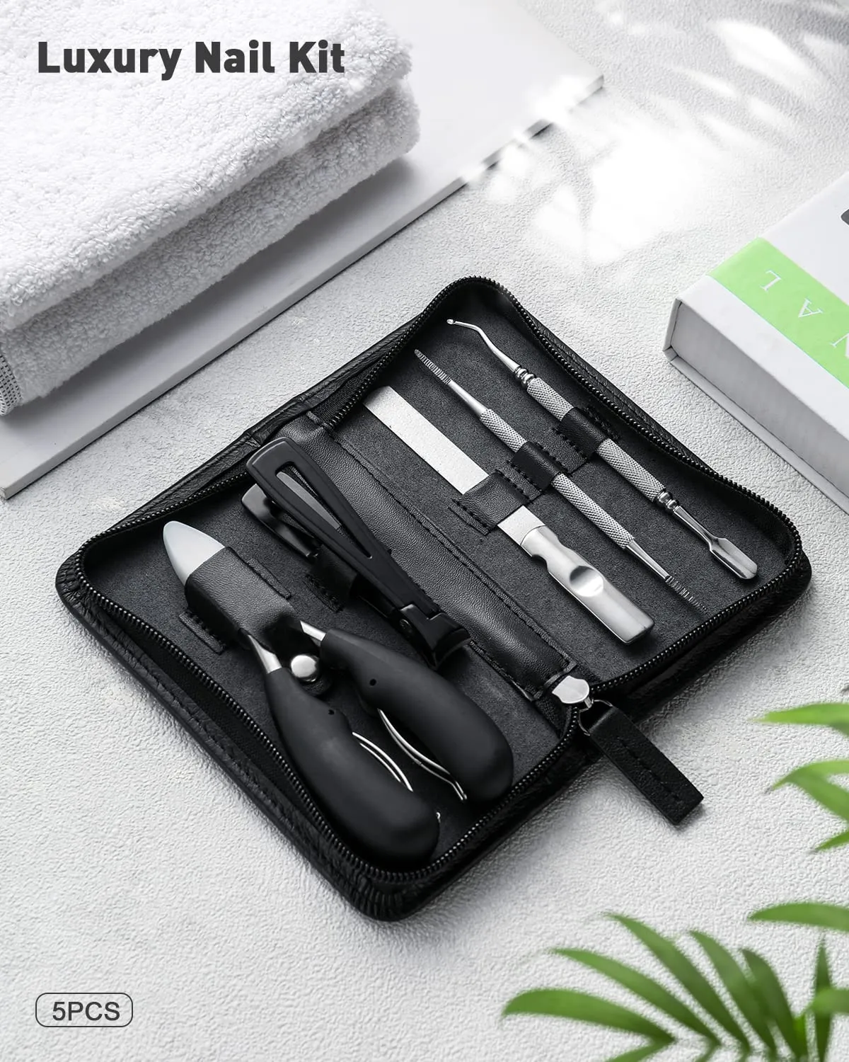 BEZOX Nail Clippers Set for Fingernails and Toenails, 5pcs Manicure Tools, Polished Stainless Steel Nail Scissors Kit for Thick & Ingrown Hard Toenails Black