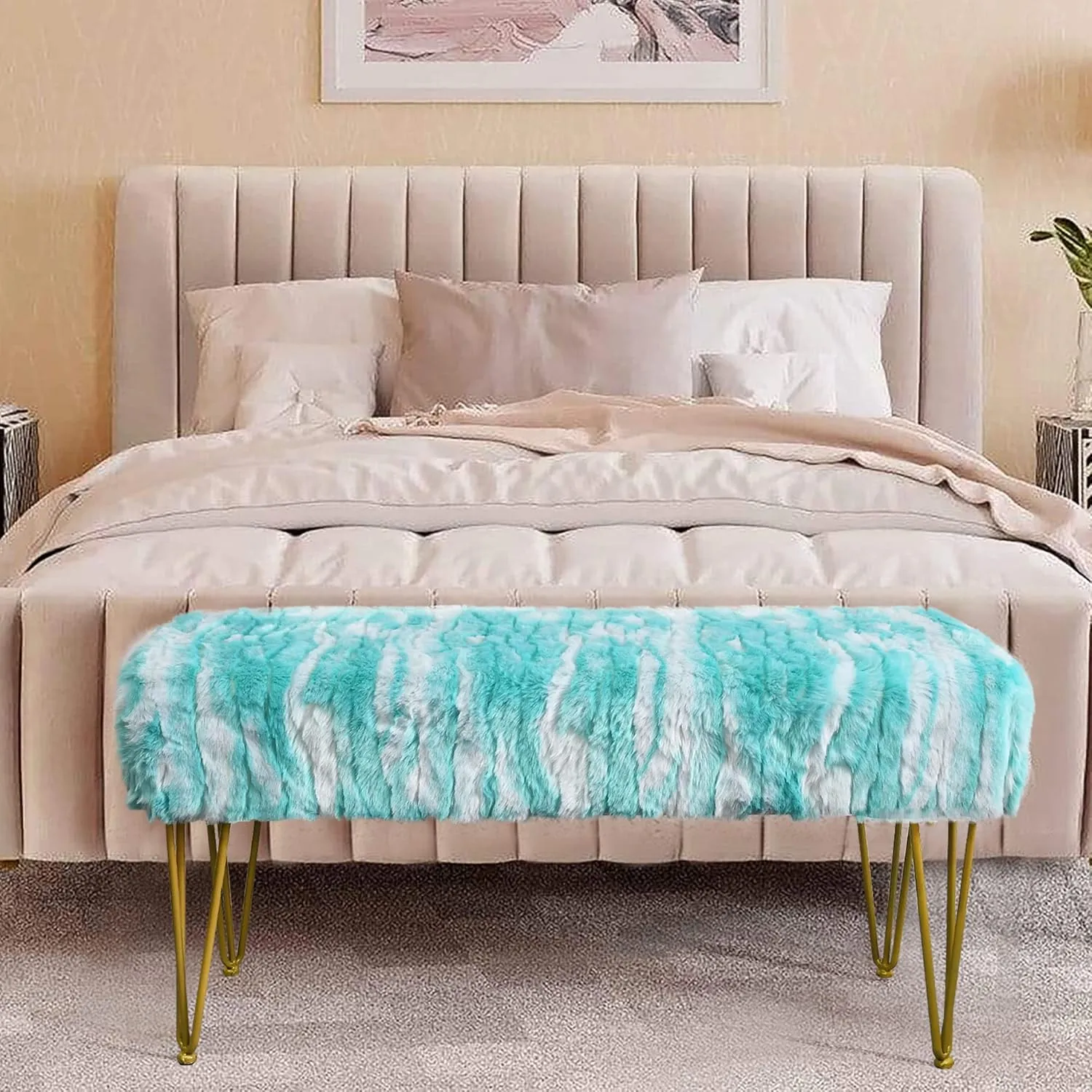 Blue Rectangle Long Bench Soft Faux Fur Ottoman 46"x16"x22" Sturdy Accent Furry Footrest Stool for Bedroom at The End of Bed Fuzzy Coffee Table for Living Room Closet Entryway Golden Legs