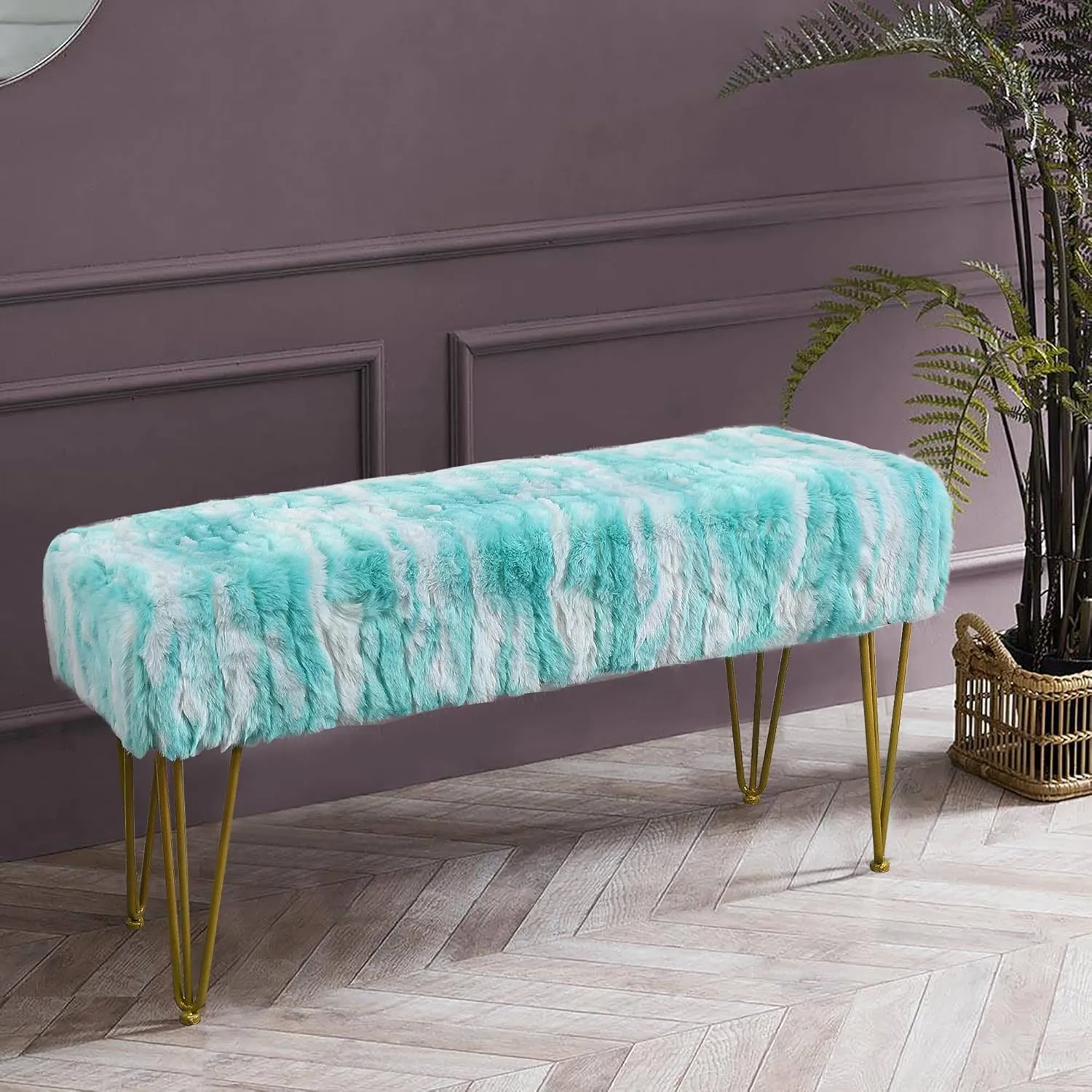 Blue Rectangle Long Bench Soft Faux Fur Ottoman 46"x16"x22" Sturdy Accent Furry Footrest Stool for Bedroom at The End of Bed Fuzzy Coffee Table for Living Room Closet Entryway Golden Legs