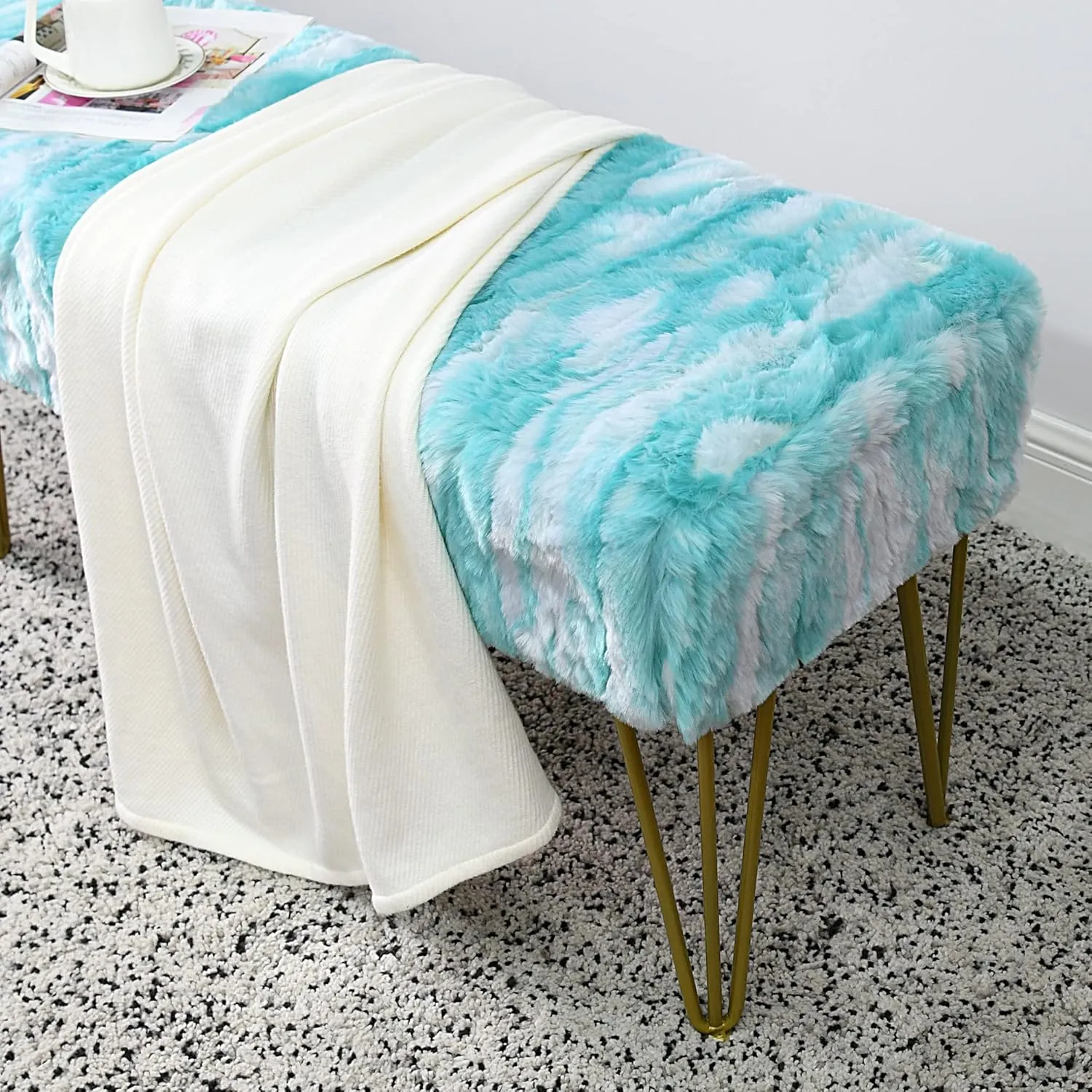 Blue Rectangle Long Bench Soft Faux Fur Ottoman 46"x16"x22" Sturdy Accent Furry Footrest Stool for Bedroom at The End of Bed Fuzzy Coffee Table for Living Room Closet Entryway Golden Legs