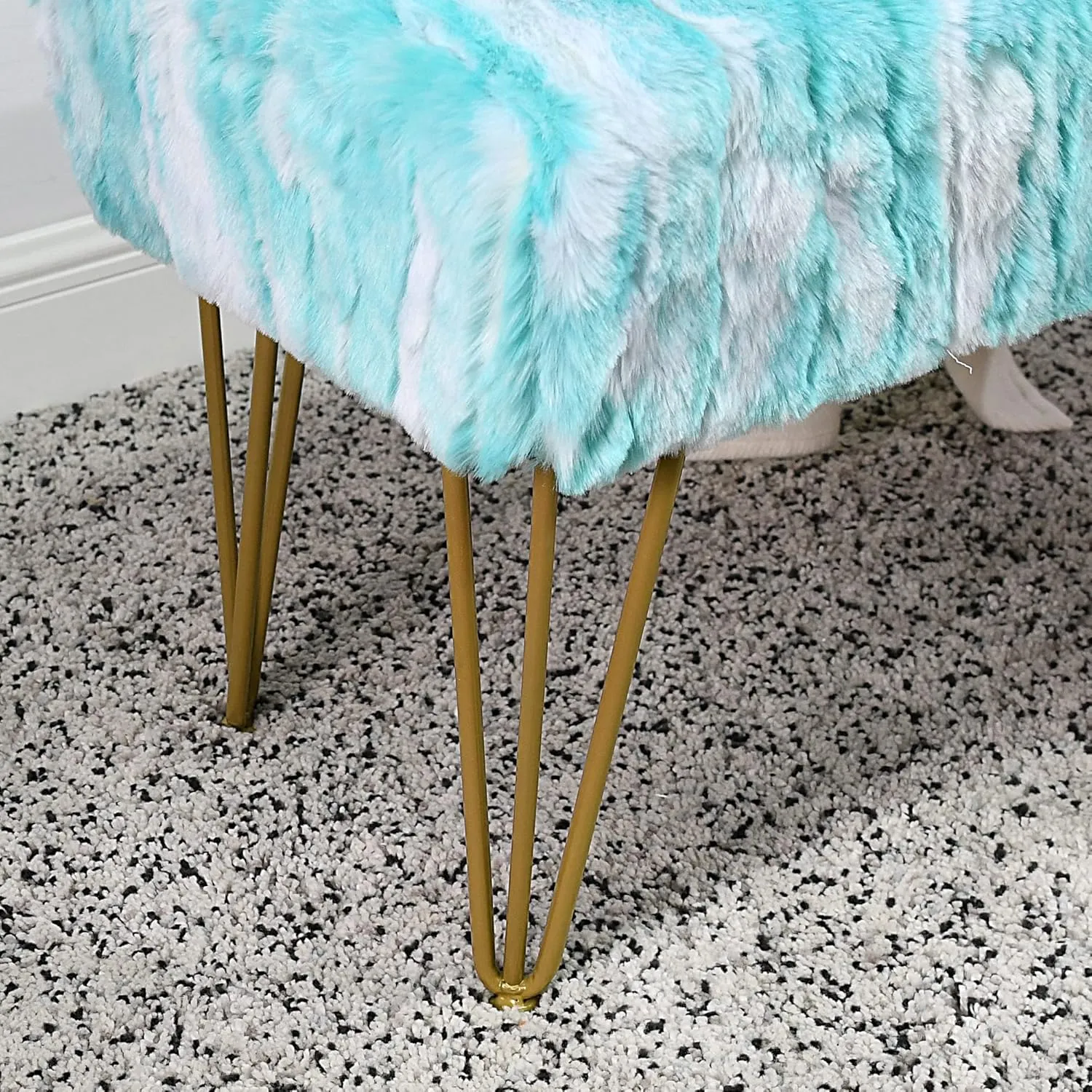 Blue Rectangle Long Bench Soft Faux Fur Ottoman 46"x16"x22" Sturdy Accent Furry Footrest Stool for Bedroom at The End of Bed Fuzzy Coffee Table for Living Room Closet Entryway Golden Legs