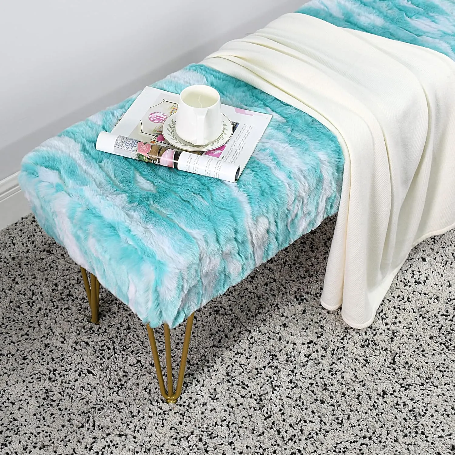 Blue Rectangle Long Bench Soft Faux Fur Ottoman 46"x16"x22" Sturdy Accent Furry Footrest Stool for Bedroom at The End of Bed Fuzzy Coffee Table for Living Room Closet Entryway Golden Legs