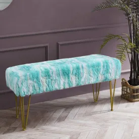 Blue Rectangle Long Bench Soft Faux Fur Ottoman 46"x16"x22" Sturdy Accent Furry Footrest Stool for Bedroom at The End of Bed Fuzzy Coffee Table for Living Room Closet Entryway Golden Legs