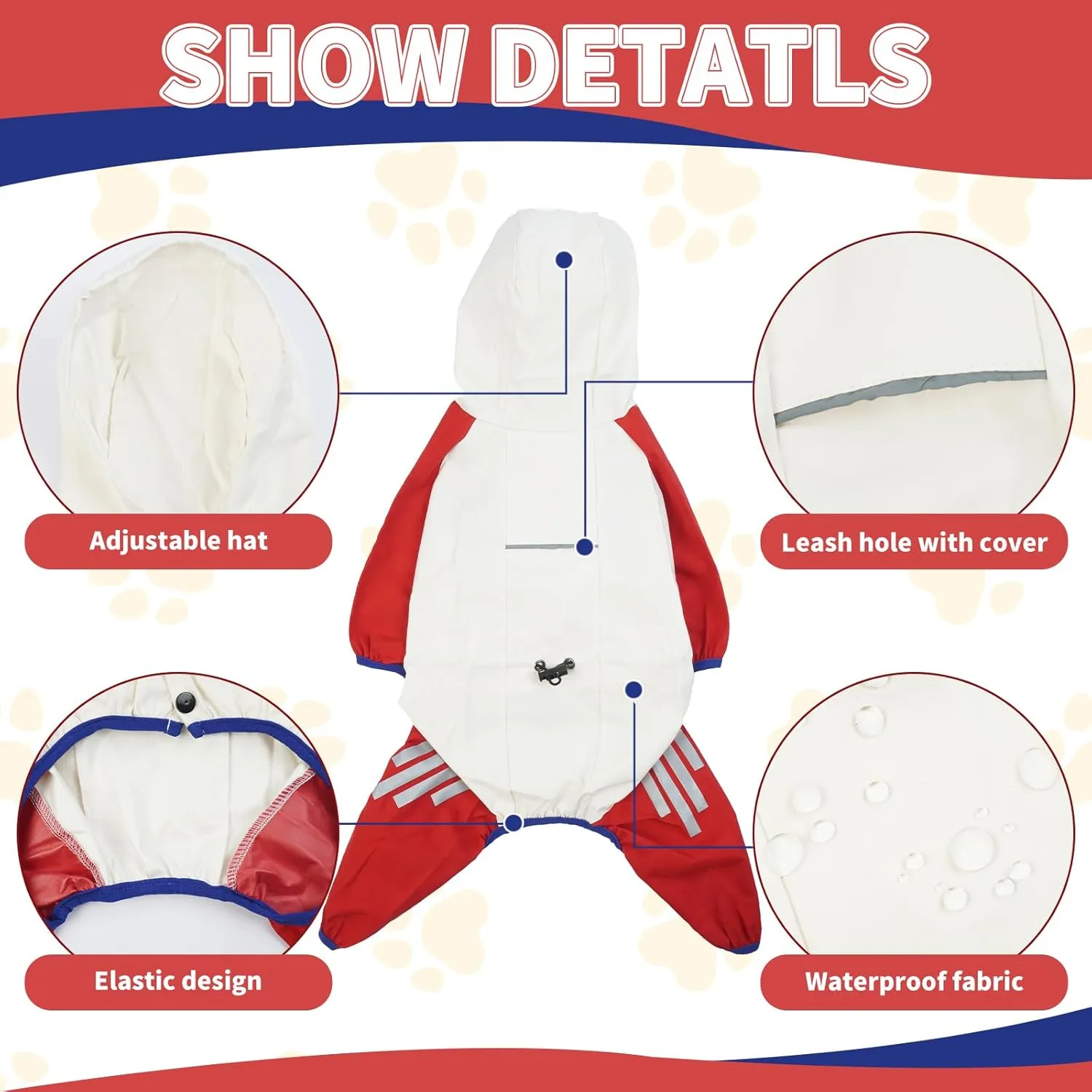 BRKURLEG Dog Raincoat Reflective Pet Poncho for Small Dogs Boy Girl, Pet Waterproof Rainproof Jacket with Leash Hole, 4 Legs Dog Rain Jacket, Lightweight Waterproof Jacket, Red S