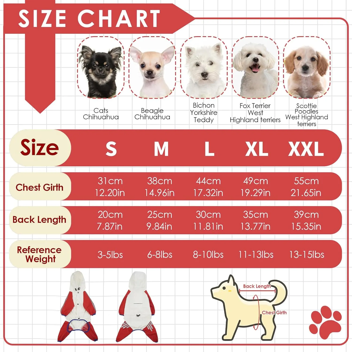 BRKURLEG Dog Raincoat Reflective Pet Poncho for Small Dogs Boy Girl, Pet Waterproof Rainproof Jacket with Leash Hole, 4 Legs Dog Rain Jacket, Lightweight Waterproof Jacket, Red S