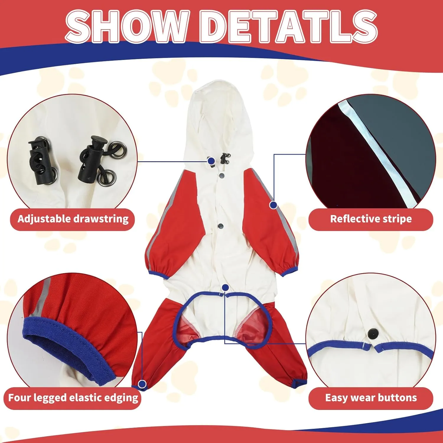 BRKURLEG Dog Raincoat Reflective Pet Poncho for Small Dogs Boy Girl, Pet Waterproof Rainproof Jacket with Leash Hole, 4 Legs Dog Rain Jacket, Lightweight Waterproof Jacket, Red S