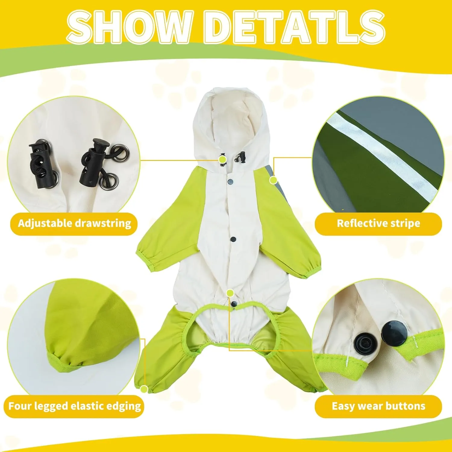 BRKURLEG Dog Raincoat with Legs, Waterproof, Reflective Pet Poncho for Small Dogs, Boy or Girl, Green, S