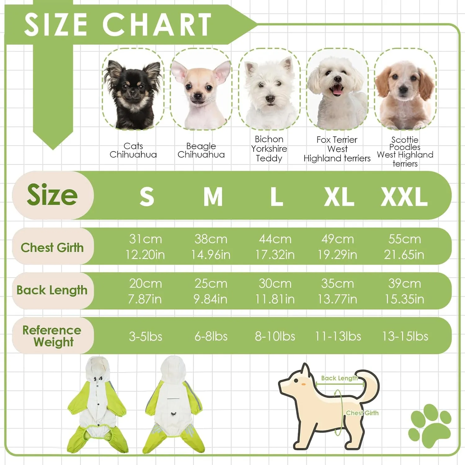 BRKURLEG Dog Raincoat with Legs, Waterproof, Reflective Pet Poncho for Small Dogs, Boy or Girl, Green, S