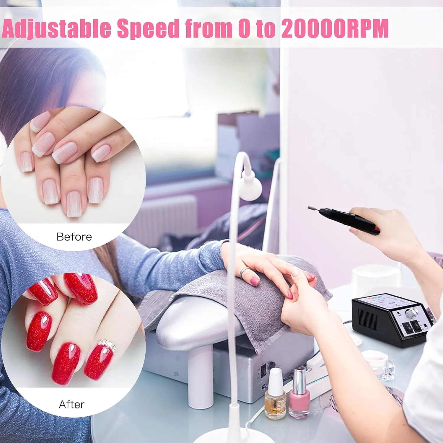 Cadrim Electric Nail Drill, Adjustable Nail File Machine Set with Sanding Bands for Manicure Pedicure Acrylic Nails Gel Glazing Nail Art Polisher (Black)