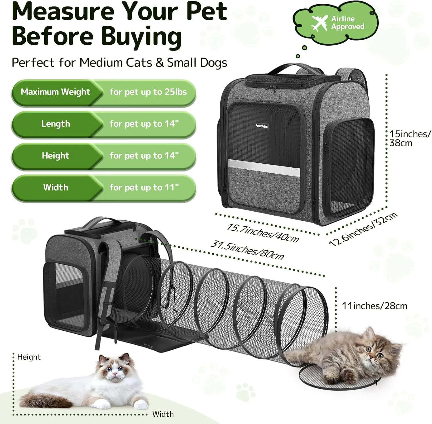 Cat Carrier Backpacks Pawtners Expandable Cat Backpack with Breathable Mesh, Pet Carrier Backpack for Cats Small Dogs Puppies Up to 18 Lbs, Dog Carrier Backpack for Travel Hiking Camping Outdoor