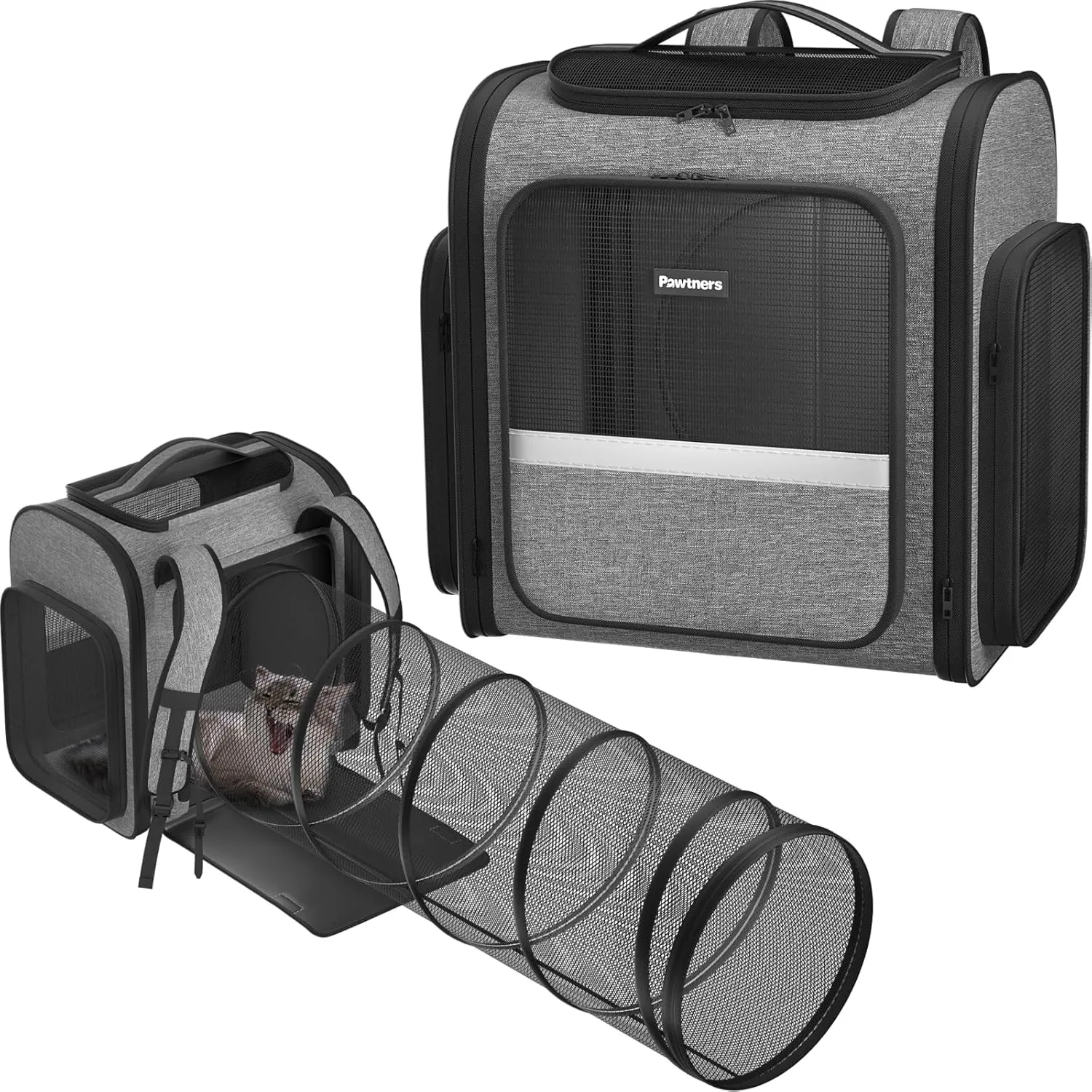Cat Carrier Backpacks Pawtners Expandable Cat Backpack with Breathable Mesh, Pet Carrier Backpack for Cats Small Dogs Puppies Up to 18 Lbs, Dog Carrier Backpack for Travel Hiking Camping Outdoor