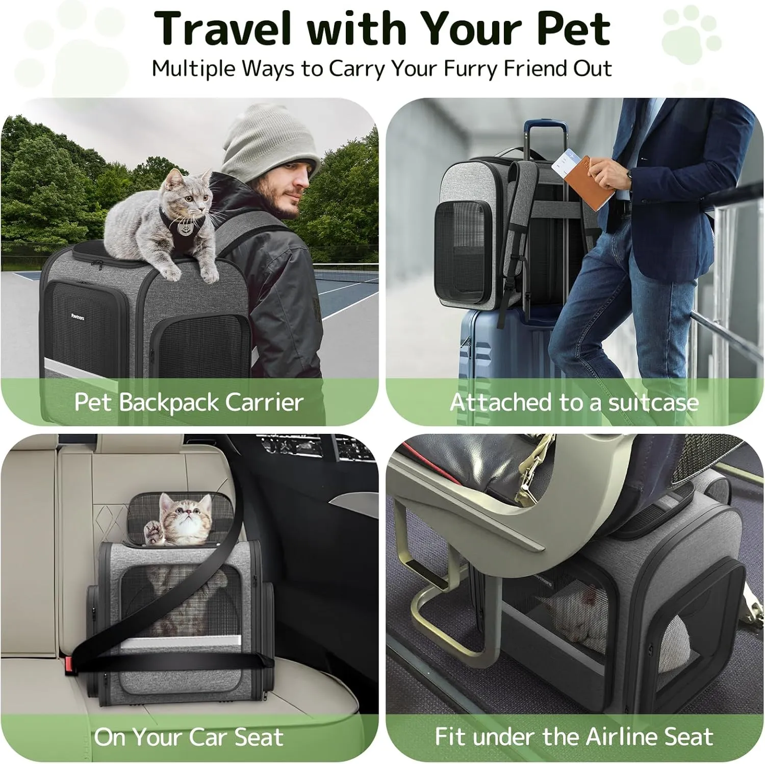 Cat Carrier Backpacks Pawtners Expandable Cat Backpack with Breathable Mesh, Pet Carrier Backpack for Cats Small Dogs Puppies Up to 18 Lbs, Dog Carrier Backpack for Travel Hiking Camping Outdoor