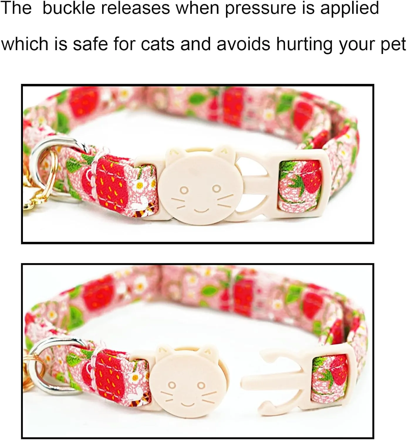 Cat Collar-2 Pack Cat Collars bee & Strawberry Cat Collar Breakaway with Kitten and Bell Pendant Safety Buckle Adjustable Cute Pet Collar for Girl Cats Gift for Cats and Small Pets
