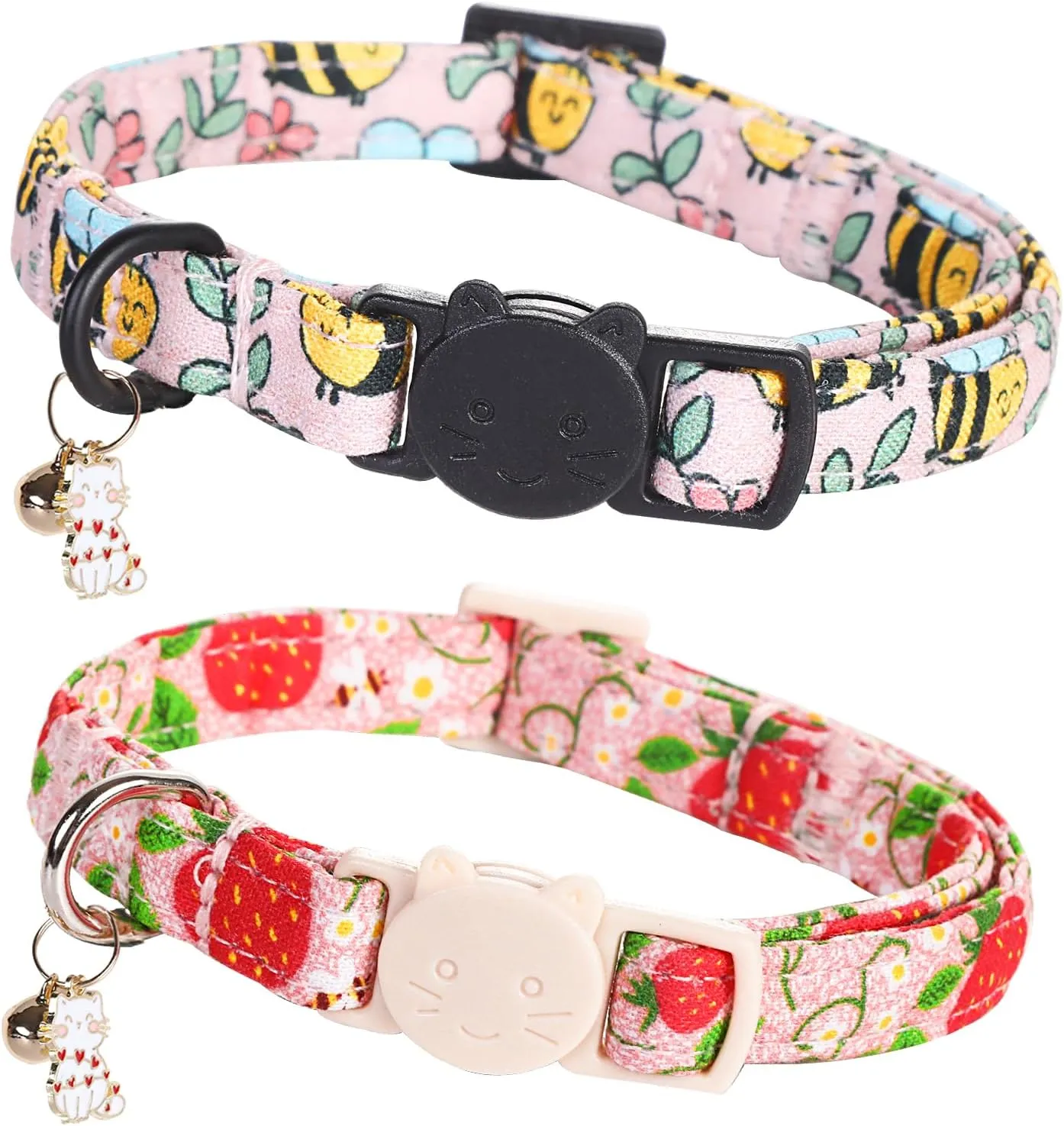 Cat Collar-2 Pack Cat Collars bee & Strawberry Cat Collar Breakaway with Kitten and Bell Pendant Safety Buckle Adjustable Cute Pet Collar for Girl Cats Gift for Cats and Small Pets