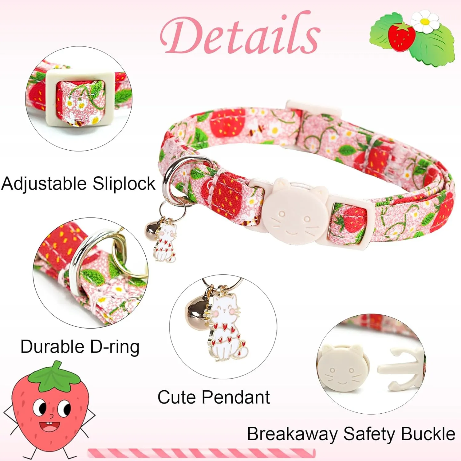 Cat Collar-2 Pack Cat Collars bee & Strawberry Cat Collar Breakaway with Kitten and Bell Pendant Safety Buckle Adjustable Cute Pet Collar for Girl Cats Gift for Cats and Small Pets