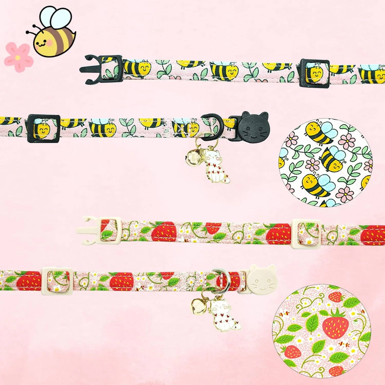 Cat Collar-2 Pack Cat Collars bee & Strawberry Cat Collar Breakaway with Kitten and Bell Pendant Safety Buckle Adjustable Cute Pet Collar for Girl Cats Gift for Cats and Small Pets