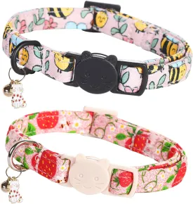 Cat Collar-2 Pack Cat Collars bee & Strawberry Cat Collar Breakaway with Kitten and Bell Pendant Safety Buckle Adjustable Cute Pet Collar for Girl Cats Gift for Cats and Small Pets