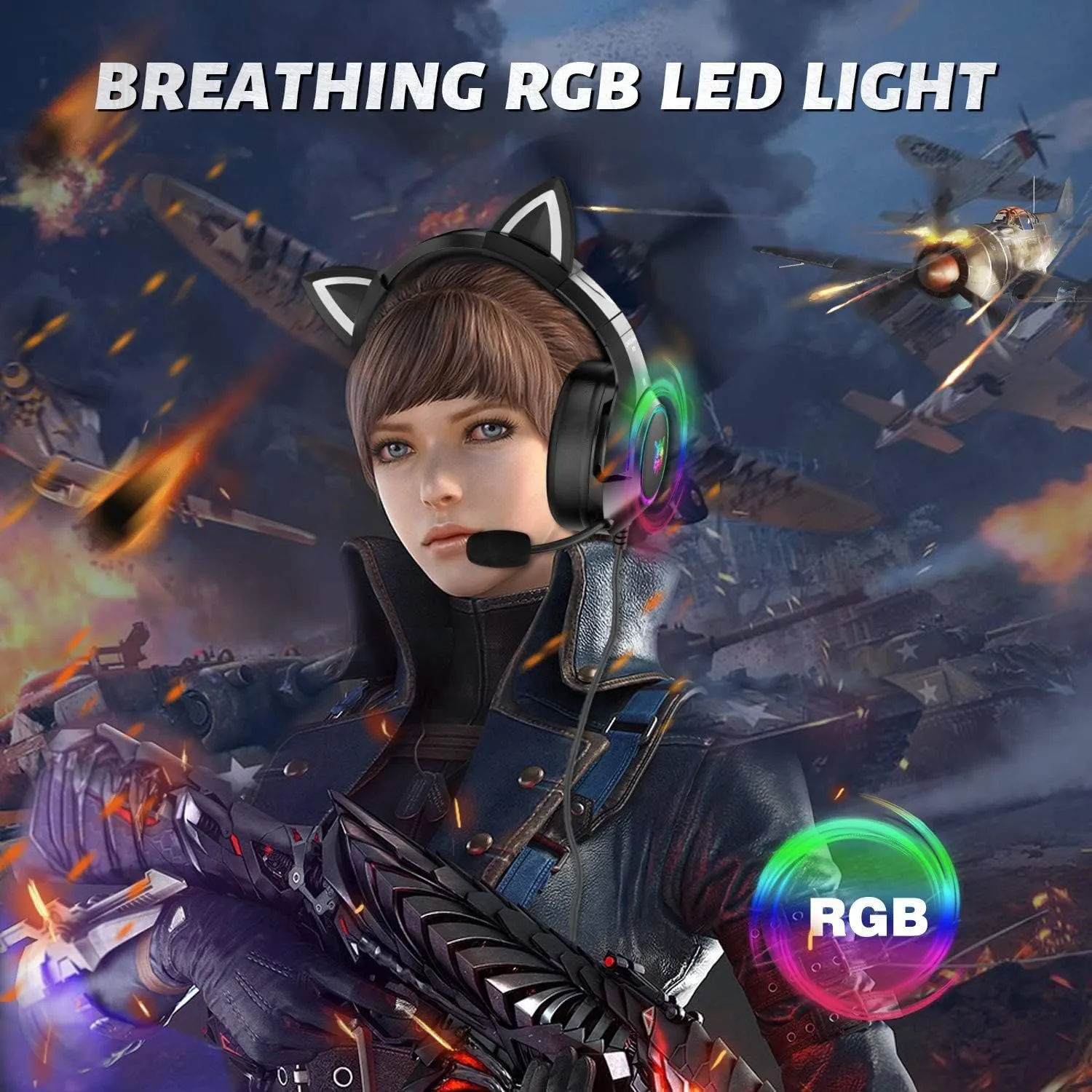 Cat Ear Gaming Headset with Microphone, Surround Sound Headphones with RGB LED Backlight Compatible with PC PS4 PS5 Xbox One(Adapter Not Included) Mobile Phones