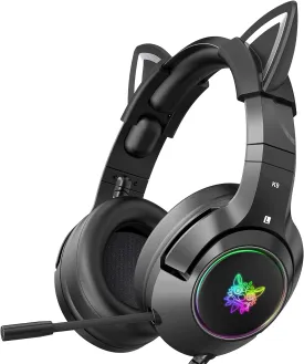 Cat Ear Gaming Headset with Microphone, Surround Sound Headphones with RGB LED Backlight Compatible with PC PS4 PS5 Xbox One(Adapter Not Included) Mobile Phones