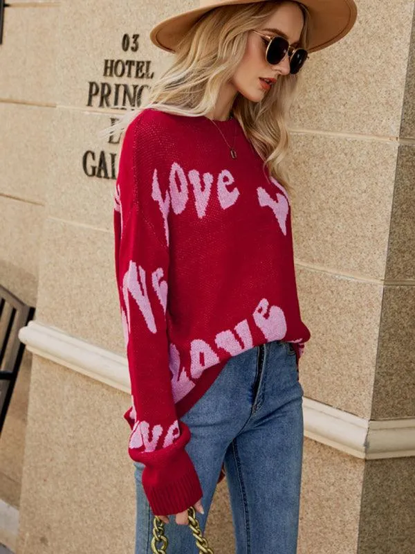 Charming Women's Letter Jacquard Knit Sweater for a Cozy Valentine's Day