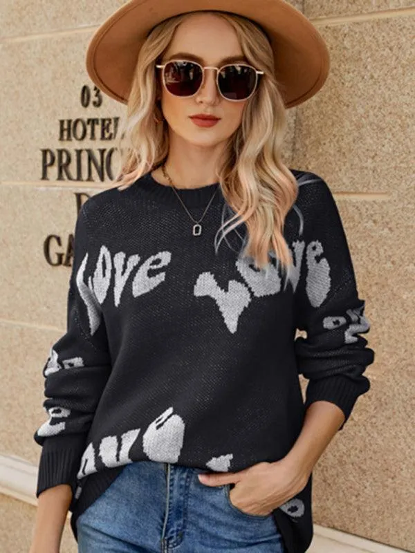 Charming Women's Letter Jacquard Knit Sweater for a Cozy Valentine's Day
