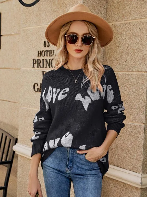 Charming Women's Letter Jacquard Knit Sweater for a Cozy Valentine's Day