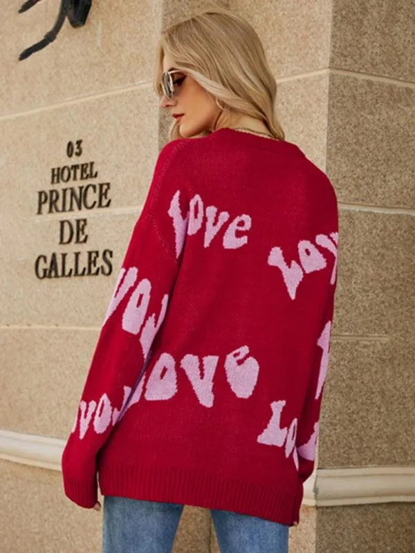 Charming Women's Letter Jacquard Knit Sweater for a Cozy Valentine's Day