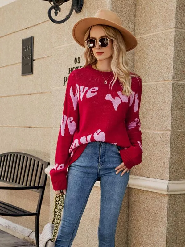 Charming Women's Letter Jacquard Knit Sweater for a Cozy Valentine's Day