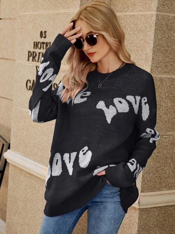 Charming Women's Letter Jacquard Knit Sweater for a Cozy Valentine's Day