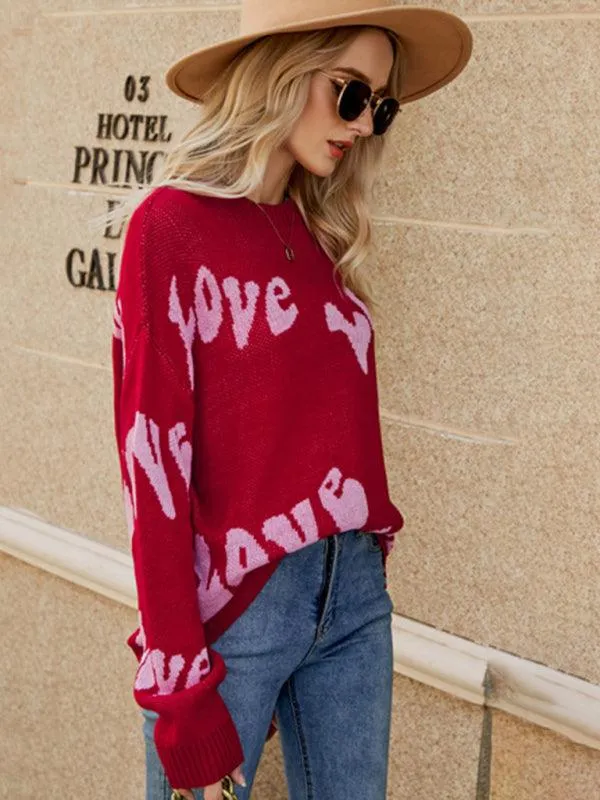 Charming Women's Letter Jacquard Knit Sweater for a Cozy Valentine's Day