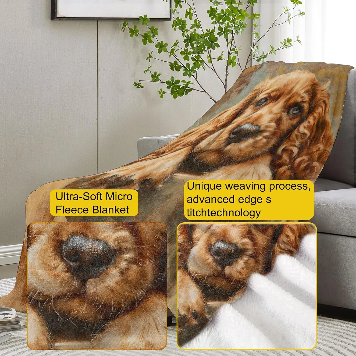 Cocker Spaniel Puppy Throw Blanket Gifts, Soft Cozy Fleece Blanket with Adorable Dog Print, Lightweight Warm Blanket for Couch Bed Sofa, Perfect for Dog Lovers and Pet Decor, 50x60 in