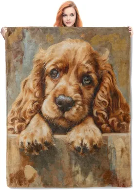 Cocker Spaniel Puppy Throw Blanket Gifts, Soft Cozy Fleece Blanket with Adorable Dog Print, Lightweight Warm Blanket for Couch Bed Sofa, Perfect for Dog Lovers and Pet Decor, 50x60 in