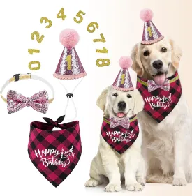 Dog Birthday Bandana Set Dog Girl Birthday Hat Happy Birthday with Numbers for Large X-Large Dogs Pets, Pink Dog Birthday Decorations with Bow (Pink, XL )