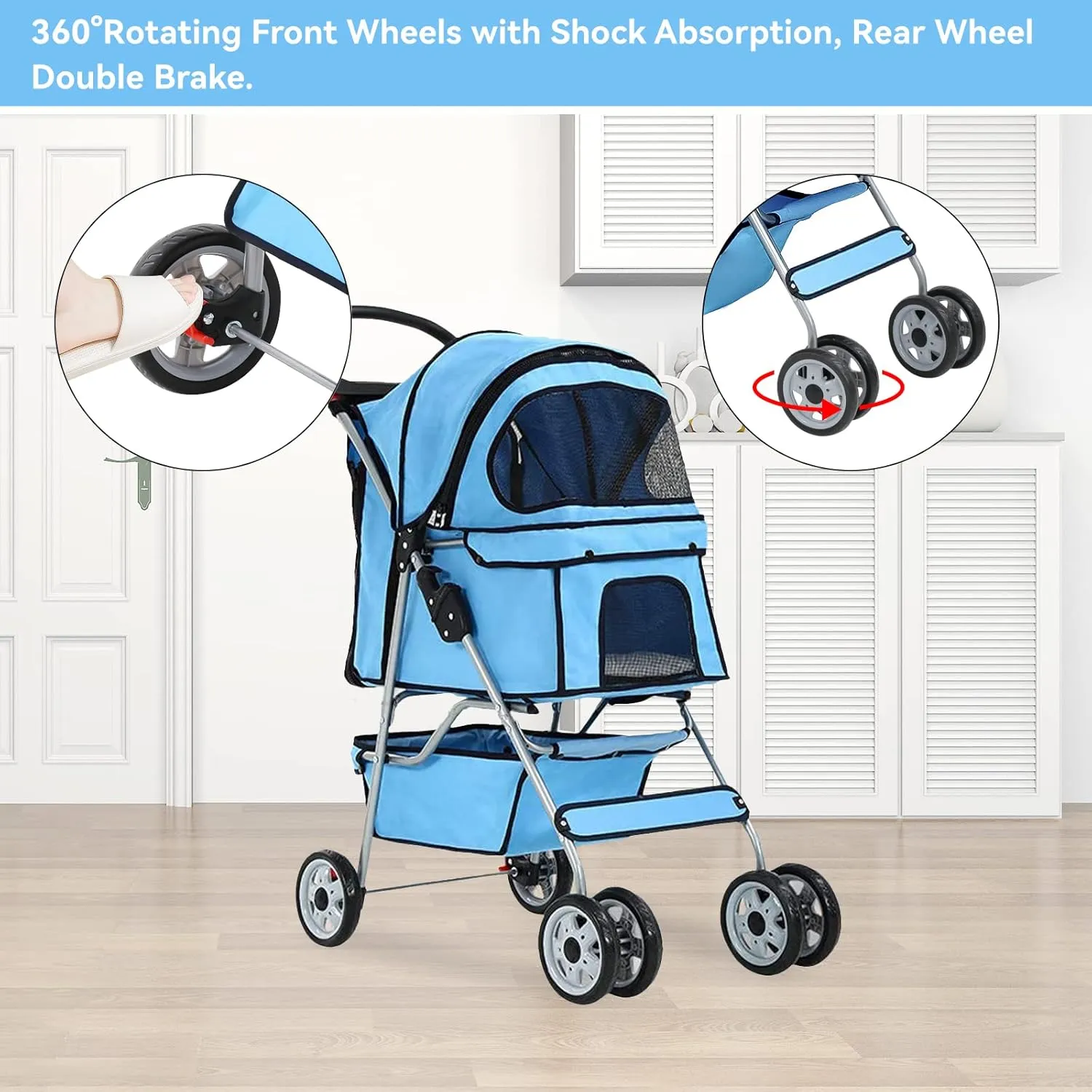 Dog Pet Stroller with 4 Wheels Foldable Carrier Strolling Cart with Storage Basket and Cup Holder Cat Strollers for Small Dogs Waterproof Puppy Stroller, Blue