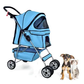 Dog Pet Stroller with 4 Wheels Foldable Carrier Strolling Cart with Storage Basket and Cup Holder Cat Strollers for Small Dogs Waterproof Puppy Stroller, Blue