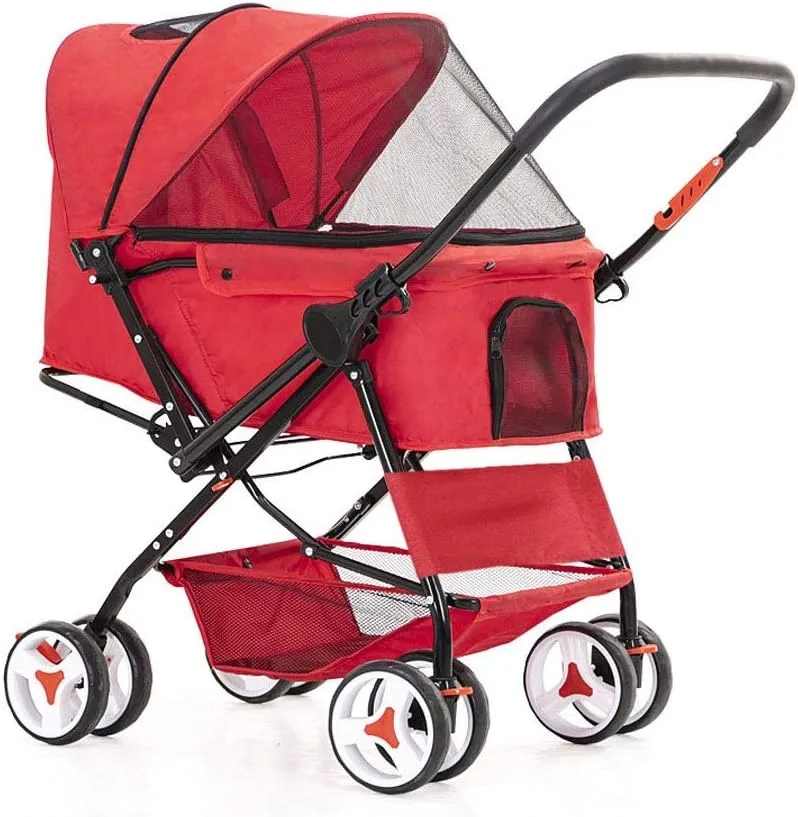 Dog Trolley Cat/Dog Stroller Easy Onehand Fold 4 Wheel Dog Strollers for Medium Small Dogs Reversible Push Handle Pet Stroller Puppy & Kitten Carrier Extended
