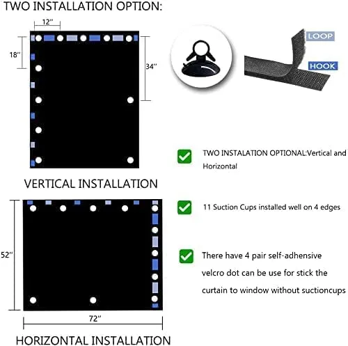 DREAM ART Anywhere Portable Blackout Curtain/Adjustable Blackout Shades/Temporary Blackout Blinds with Suction Cups for Nursery,Children Kids Bedroom or Travel Use,Black,1 pc W51xL72Inch(130X183cm)