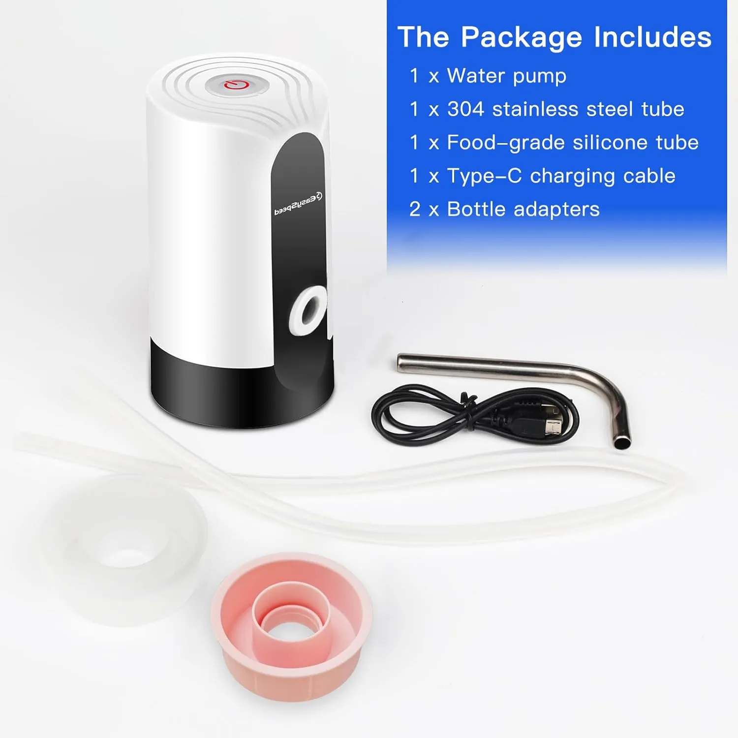EASYSPEED Water Dispenser for 5 Gallon Bottle, Portable USB-C Charging Automatic Electric Water Pump for 1, 2, 3, 4 Gallon Jug, Drinking, Camping, Travel, Kitchen, Office, White