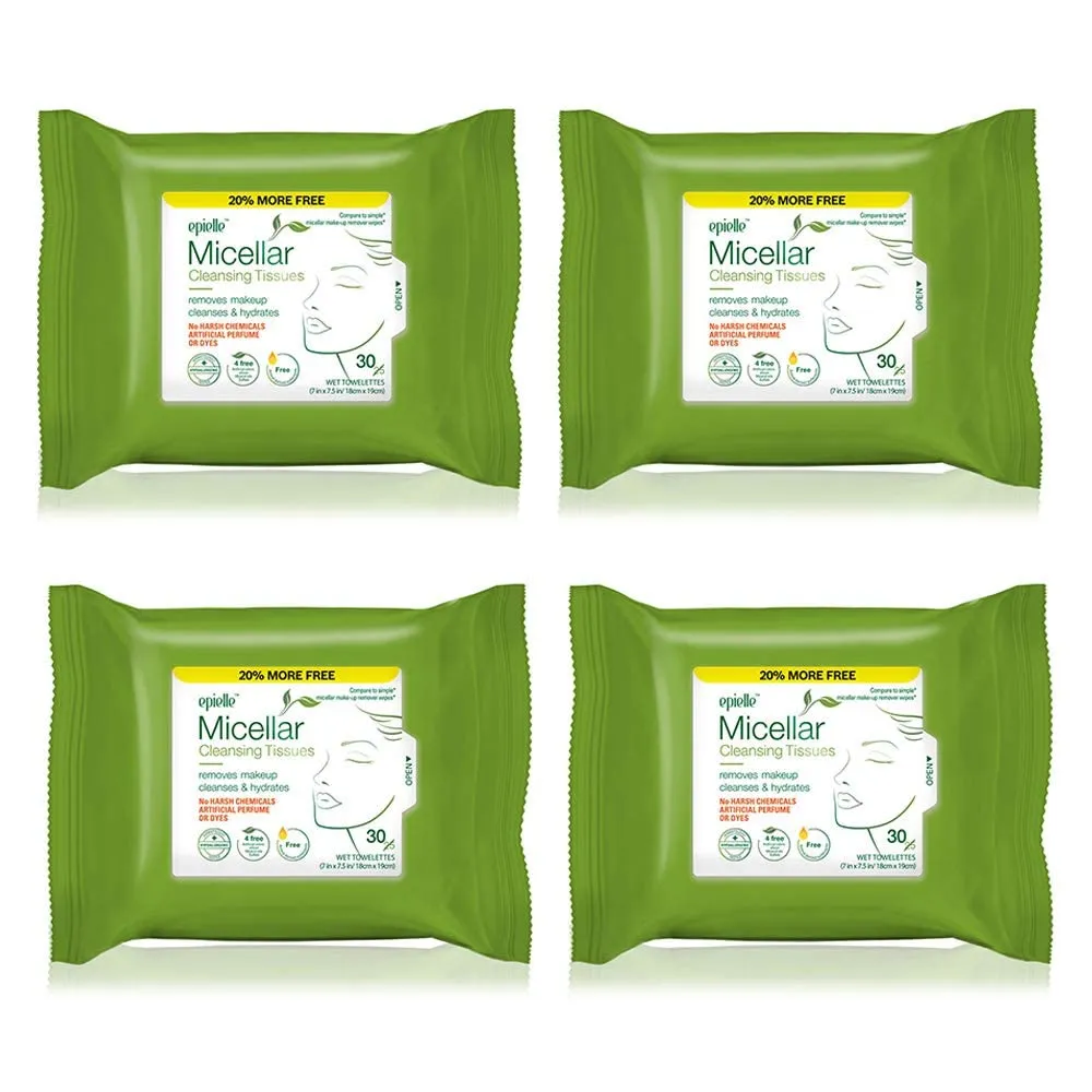Epielle Micellar Makeup Cleansing Wipes | Gentle, Hypoallergenic, Alcohol-Free | Suitable for All Skin Types | 30 Towelettes (4-Pack) | Korean Beauty Skincare